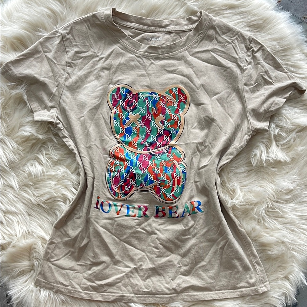 SHEIN Tan Tee with Colorful Bear Design
